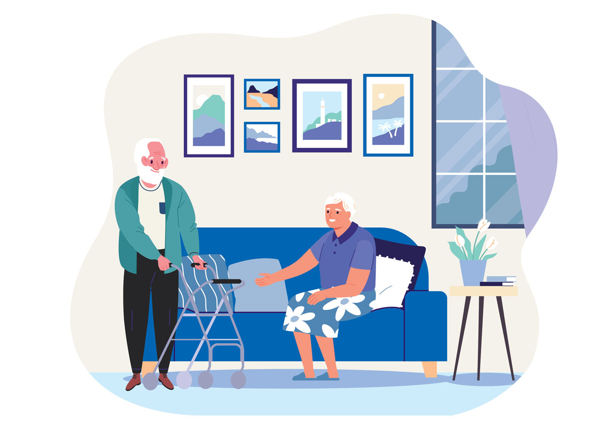 two residents together in aged care in lounge